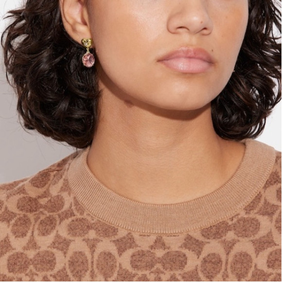 COACH Heart Drop Earrings  Cubic Zirconia, Glass Pink Gold Earrings NEW - Picture 2 of 4